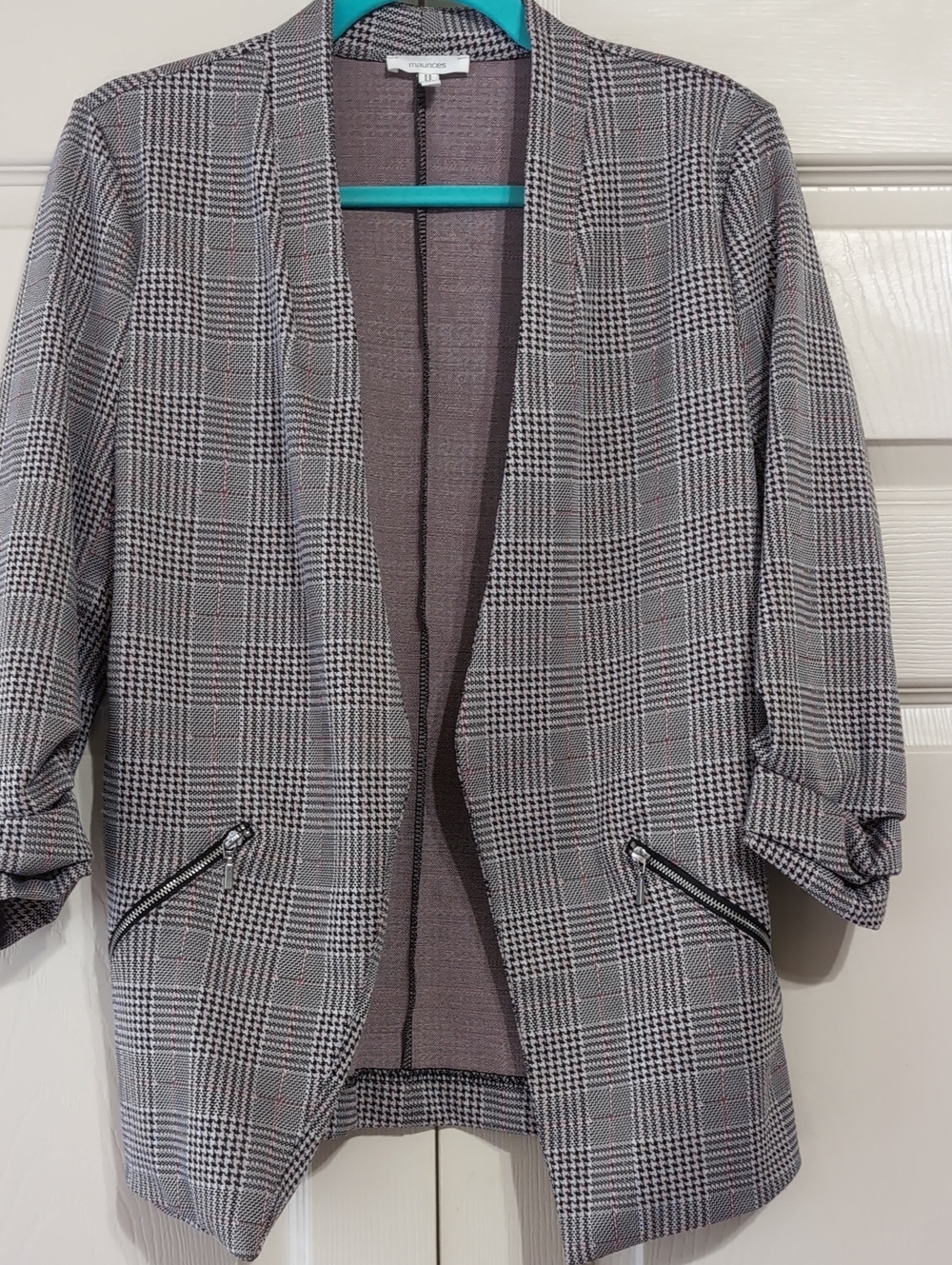 Maurices Gray Plaid Open-Front Blazer with Subtle Red Accents